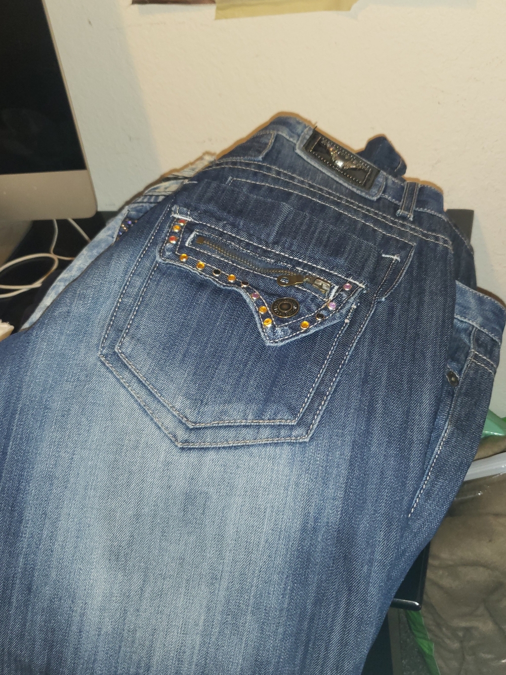 Embellished Dark Blue Denim Ladies Robin's Jean with Studded Back Pocket